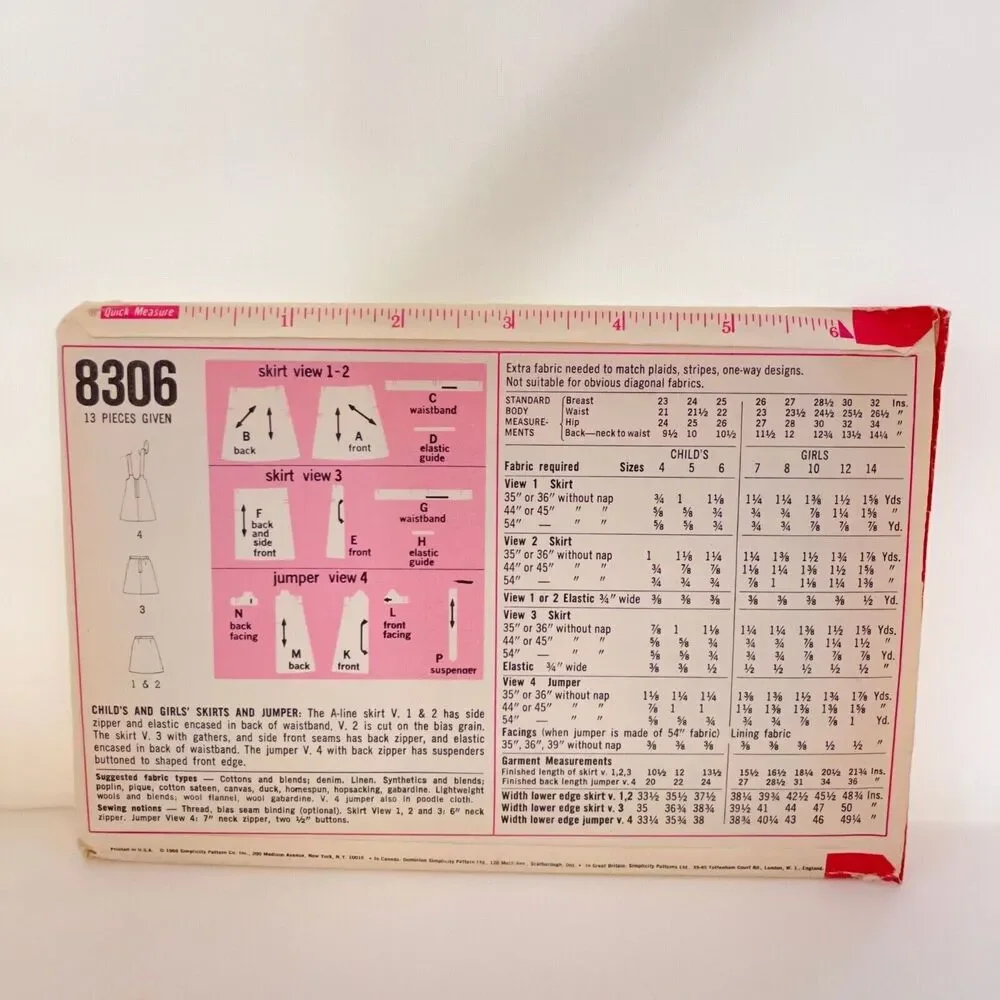 #8306 Simplicity VTG Childs and Girls Skirts and Jumper Sewing Pattern Size 5